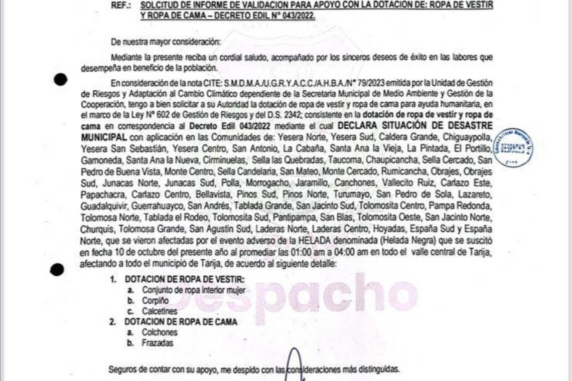 Defensa Civil aclara que envío de ropa interior femenina fue solicitada por alcalde de Tarija