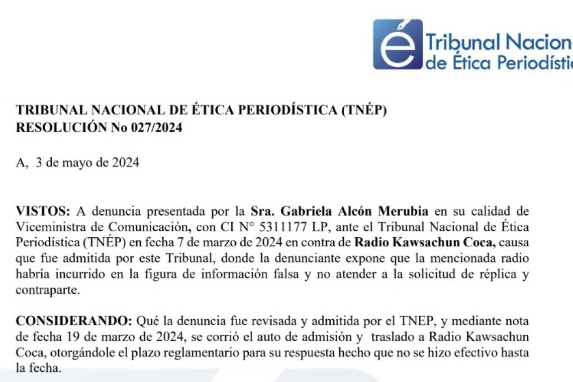 Tribunal de Ética Periodística ordena a radio Kawsachun Coca conceder el “derecho a réplica” a viceministra Alcón