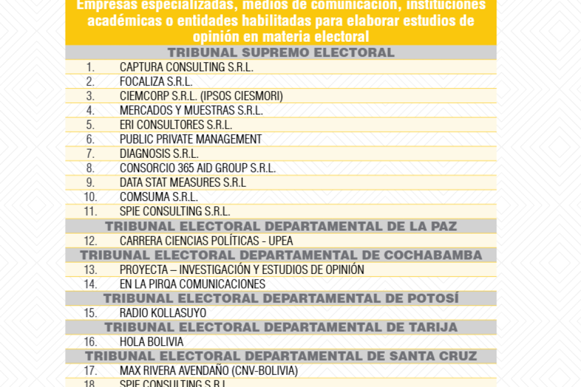 TSE habilita 18 empresas para realizar estudios de opinión y 89 medios para su difusión rumbo a las elecciones generales