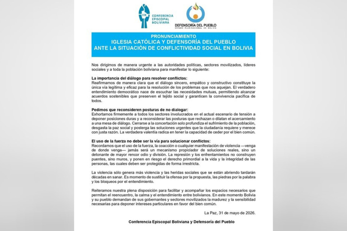 Iglesia Católica y Defensoría piden deponer posiciones duras y abrir el diálogo